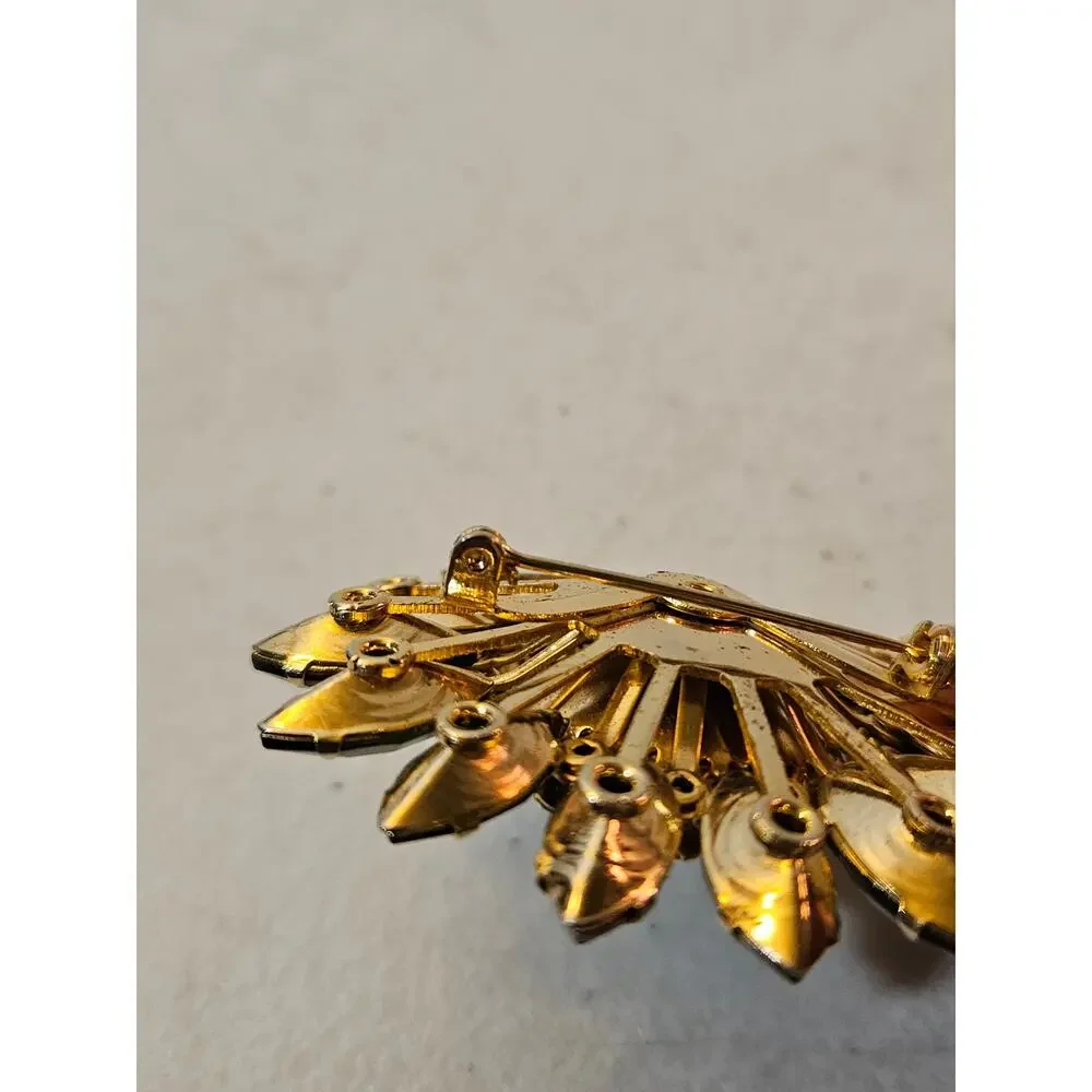 Vintage Green Rhinestone Brooch Crystal Sunburst Flower Pin Mid Century Jewelry
